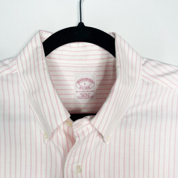 Brooks Brothers L White Pink Stripe The Original Polo Dress Shirt Regular Fit - Picture 3 of 7